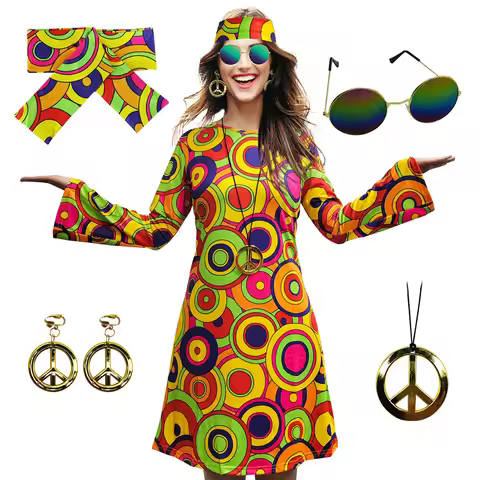 Women Hippie Costume Halloween Party Disco 70's Dance Costume Set Peace Sign Earring Necklace Headba