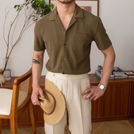 Men's Waffle Short-Sleeved Shirt Casual Loose Korean Ins Cuban Collar V-neck Shirt Top BEFOYI zyq122