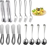 14 Pcs Cheese Spreader Set, Stainless Steel Butter Knife, Mini Tongs, Serving Spoon and Fork, Used for Cheese Spreader Knives for Cheese, Butter, Jam