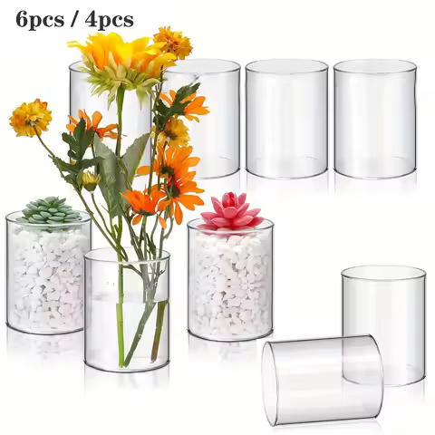 6/4 Pcs Plastic Cylinder Vase Acrylic Cylinder Vase Small Clear Flower Container Hurricane Candle Ho