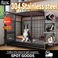 304 stainless steel dog crate, heavy-duty dog ​​crate with poop tray, 4 wheels, large dog crate