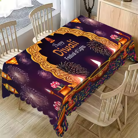 Happy Diwali Festival Rectangle Tablecloth for Table Decor Reusable Farmhouse Kitchen Dining Tablecl