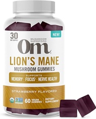 Om Mushroom Superfood Lion's Mane Mushroom Gummies, 60 Count, 30 Servings, Strawberry Flavored Nootropic Gummies with Fruit Body and Mycelium for Memory, Focus and Nerve Health