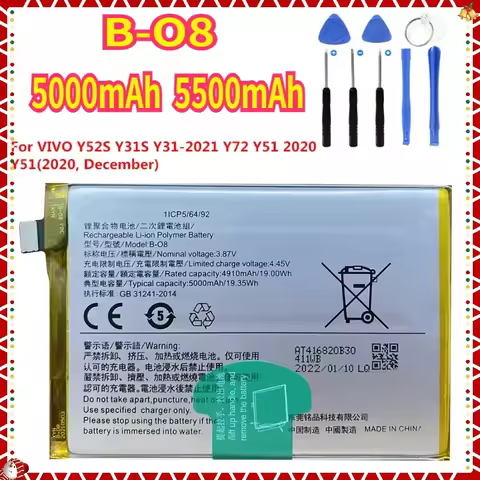 New B-O8 5000mAh Cell Phone Battery for Vivo Y52S Y53S Y31S Y31 (2021) Y72 Y51 (2020) Y51(2020, Dece