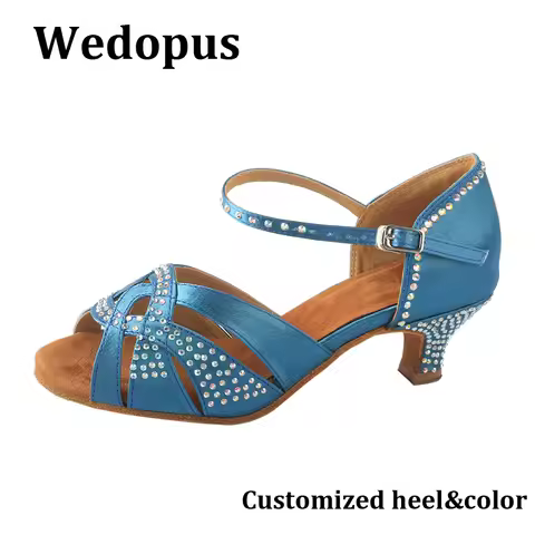 Wedopus Low Hills Dance Shoes with Rhinestones Suede Sole Latin Dancing Sandals Light Blue Women Sho
