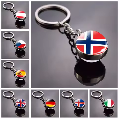 Europe Countries National Flag Double Side Glass Ball Pendant Keyring Austria Italy Portugal Norway