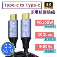 Type-C 雙頭多用途線(0.3米) PD100W 5A手機超級快充, 20Gbps高速數據傳輸, 4K 60Hz高清傳輸, USB3.2 Gen2尼龍編織線
