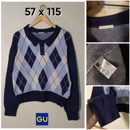 GU Collar Sweater By UNI Navy Argyle Motif Size L Women's Diamond Knit Top OB810