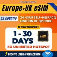 【CSL】Europe eSIM | 1-30Days | High Speed |  UNLIMITED HOTSPOT GB | Includes Switze Turkey and the UK