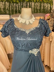 DUSTY BLUE ELEGANT SIDE SWAG BROOCH DESIGN FORMAL GOWN for Weddings, Ninang Attire, Mother of the Br