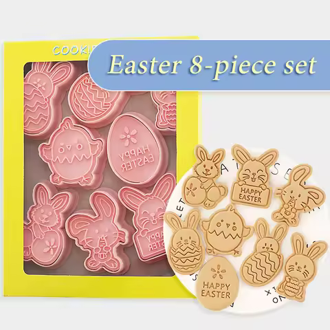 8Pcs Easter Plastic Cookie Cutter Rabbit Egg Biscuit Mold 3D Cartoon Bunny Mould Cake Baking Tools E
