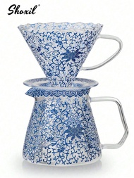 1pc Blue & White Porcelain Pour Over Coffee Set - 400ml/13.5oz Heat-Resistant Glass Carafe & Dripper
