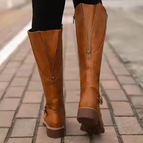 Women Knee High Boots Fashion Low Heels Square Platform Long Boots Brown Black Leather Zip Winter Wo