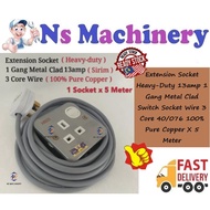 Extension Socket Heavy-Duty 13amp 1 Gang Metal Clad Switch Socket Wire 3 Core 40/076 100% Pure Coppe