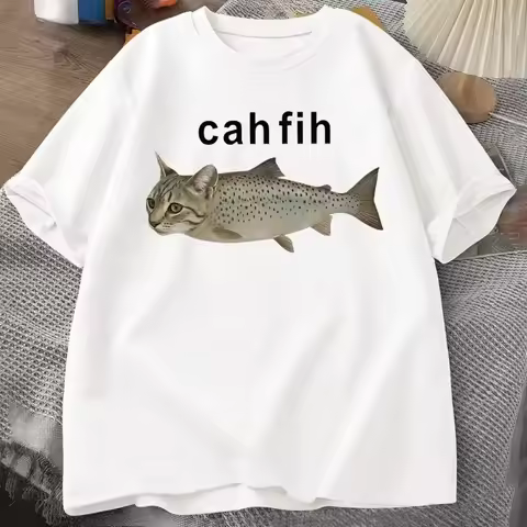 Cah Fih T-Shirt Fih Funny Mispelled Fish Meme T Shirt Cat and Fish Graphic Humor Tshirt Casual Short