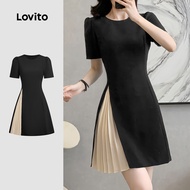 Lovito Elegant Dress Asymmetrical Colorblock Pleated Spring/summer Black Dress for Women L137ED917 L