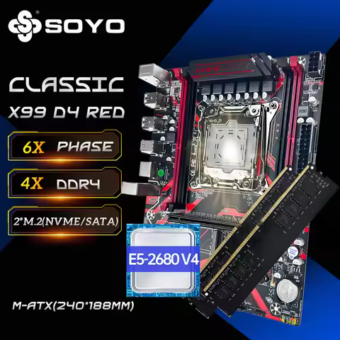 SOYO X99 DDR4 Red Game Motherboard Set with E5 2680 V4 LGA2011-3 2680v4 CPU 16GB(8GB*2) 2133MHz DDR4