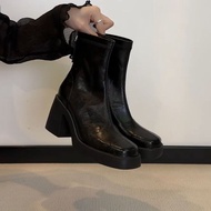 Soft Leather Square-Toe Thin Boots - Fall/Winter French Style Martin Boots