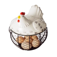 ♞,♘Large Stainless Steel Mesh Wire Egg Storage Basket with Ceramic Farm Chicken Top and Handles