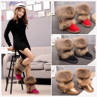 COD Natural Fox Fur Snow Boots Real Cow Suede Leather Boots Shoes Medium Calf Knee-Length Boots Racc