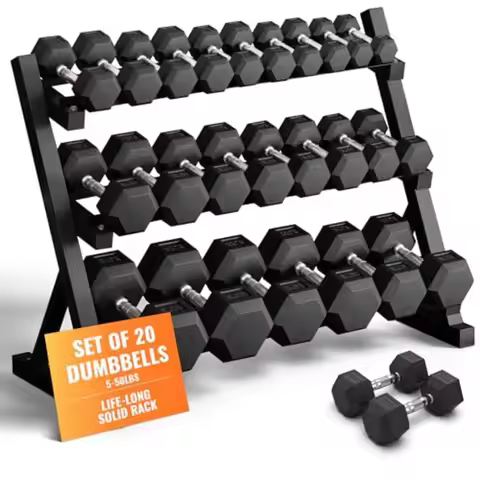 Rubber Hex Dumbbell Set with Rack 8/10/12/15/20 Pair 450/550/780/1200/1550/2100 lbs Total Weight Rac