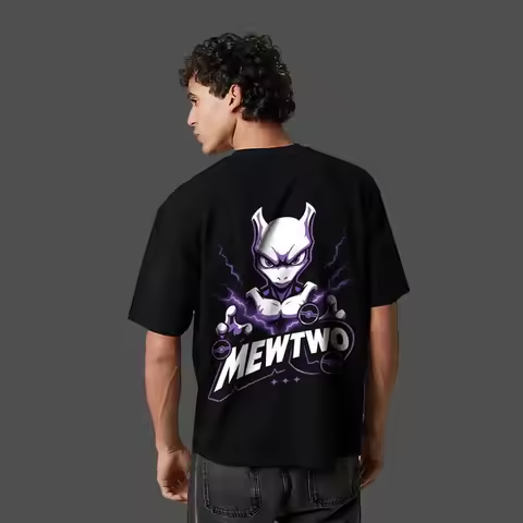 Pokémon Anime Printed Mewtwo Oversized Black T-shirt Men and Women Breathable High Quality Y2K Short