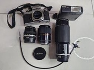 (3F-0)早期 阿爸的Nikon FM2 底片單眼相機(快門卡住)+鏡頭3支+SB-15閃光燈+快門線 