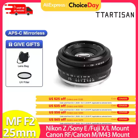 TTArtisan 25mm F2 MF Mirrorless Camera Lens for Canon RF Nikon Z Sony E Fujifilm XF Panasonic Olympu
