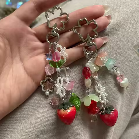 Cute Jewelry Strawberry Bow Keychain Y2K Coquettish Fairytale Lily of the Valley Bag Pendant Charm J