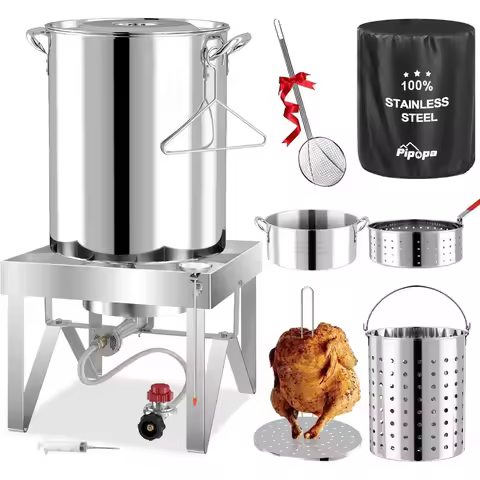 Turkey Fryer Kit Stainless Steel Cover Skimmer 50,000BTU Burner Outdoor Deep Fryers with Basket Seaf