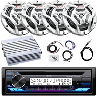 JVC KD-T92MBS Single DIN Marine CD Player USB AUX Receiver Bundle Combo with 4X 6.5 150W 2-Way Coaxial White Audio Speakers + 4-Channel Waterproof Marine Amplifier + Antenna + Amp Wiring Kit