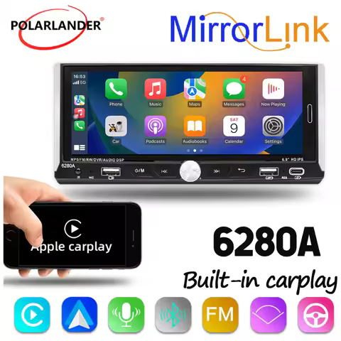 Wireless Carplay 2+64G 2.5D IPS 6.9 inch 1 Din Car Radio Touch Screen 6280A Bluetooth Car MP5 Player