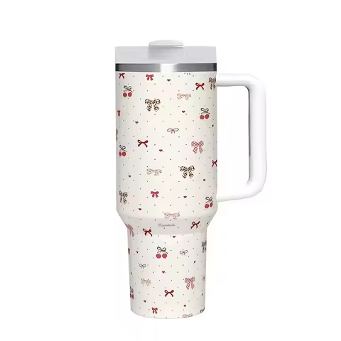 Off White Mini Bow Print 40oz Insulated Stainless Steel Tumbler, Sweet Coquette Portable Thermal Mug