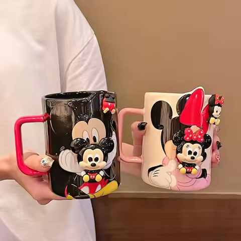 Disney Kawaii Mickey Minnie Donald Duck Ceramic Handle Mug Creative Cute Coffee Cup Cartoon Children