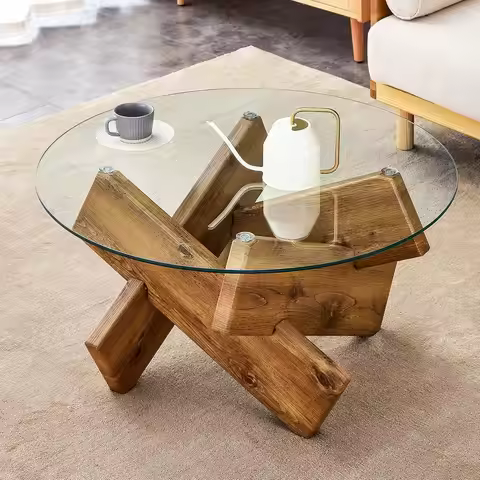 Round Glass Top Mid-Century Modern Coffee Table, 33.4 Farmhouse Style, Unique Centerpiece for Small 