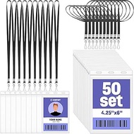 Patelai 50 Pack 4 x 6 Inch Extra Large Badge Credential Holders with 20 Inch Black Lanyard Vertical