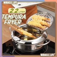 Stainless Steel Tempura Fryer Japanese Deep Fryer Cooker With Thermometer Lid Temperature Control Drain Frying Pot