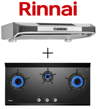 RINNAI RH-90ERi 90CM SLIMLINE HOOD + RINNAI RB-3CGN 3 BURNER INNER FLAME GLASS GAS HOB