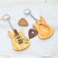Guitar keychain with pick, wooden personalized electric guitar keychain and pick