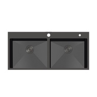 Global House KOCH KITCHEN อ่างล้างจาน 2 หลุมไม่มีที่พัก 50x100x23 ซม. HM-10050BL2 สีดำ รับประกันของเ