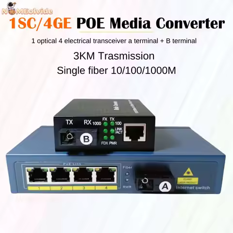 1SC/4GE POE Media Converter 3KM Single-Mode Single Fiber Optical Transceiver SC 2 in 1 Switch Media 