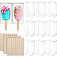 5pcs/10pcs Transparent Ice Pop Cake Box Set, PET Ice Cream Boxes, 50pcs Wooden Sticks, 3.7 X 2.2 X 1