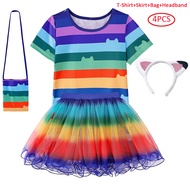 Girls Gabby Dollhouse Stripe Cosplay Clothes Children T-shirt+Skirt+Bag+Headband 4Pcs suit