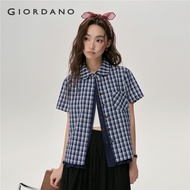 GIORDANO Women Shirts Fake 2-Piece Plaid Shirts Round Collar Short Sleeve Ruffle Hem Chic Fashion Ca