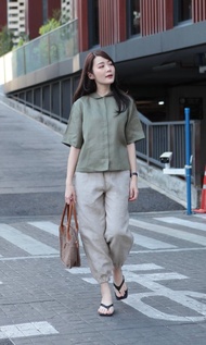 吉妮束腳褲 亞麻長褲 自然色