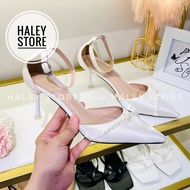 Giày cưới cao gót HALEY STORE min chuỗi ngọc gót 7cm mũi nhọn quai ngọc da lụa tiểu thư công chúa cô