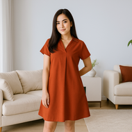 R Outlet - Dress Wanita Casual A-Line Mini Dress Kerah V-Neck lipat Lengan Pendek #4106
