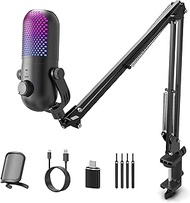USB Microphone for PC Gaming: Gaming Equipment Condenser Microphone RGB for Gamer with Boom Arm Mic 