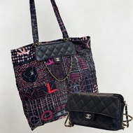 香奈兒Chanel 22K系列芯片二合一 黑金荔枝皮woc+尼龍tote 單肩包
