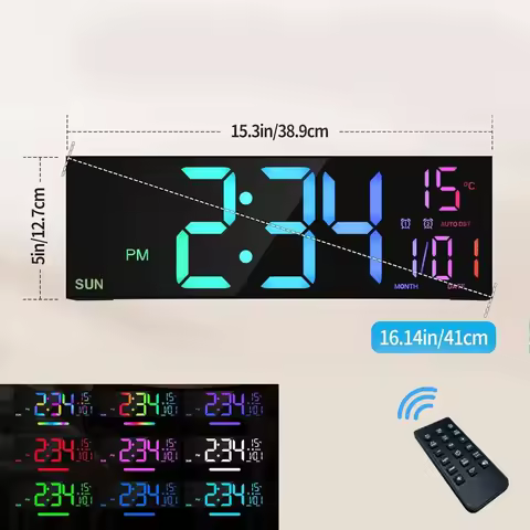 Digital Clock 16.2'' Large Digital Wall Clock with Remote Control Big LED/Dual Alarm/8 RGB Colors Di